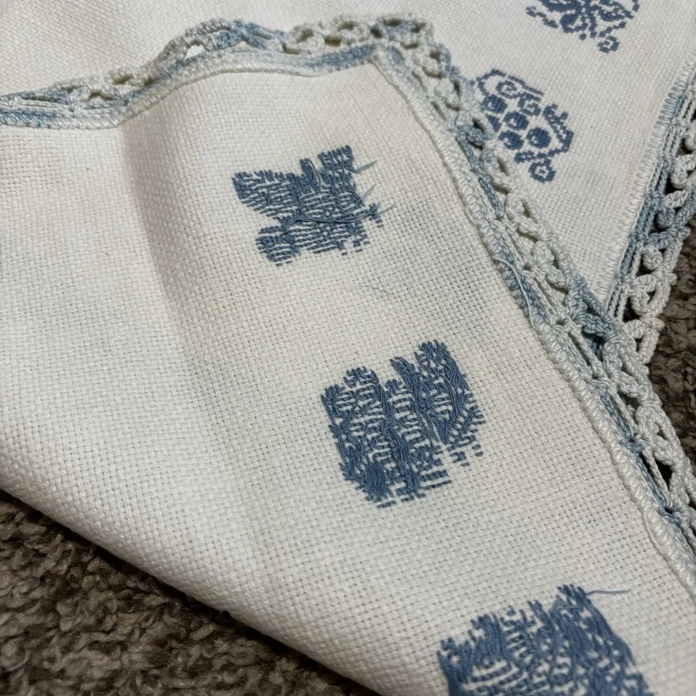 Vtg Hand Embroidered Cross-Stitch Oblong Linen Table Dresser Runner 40